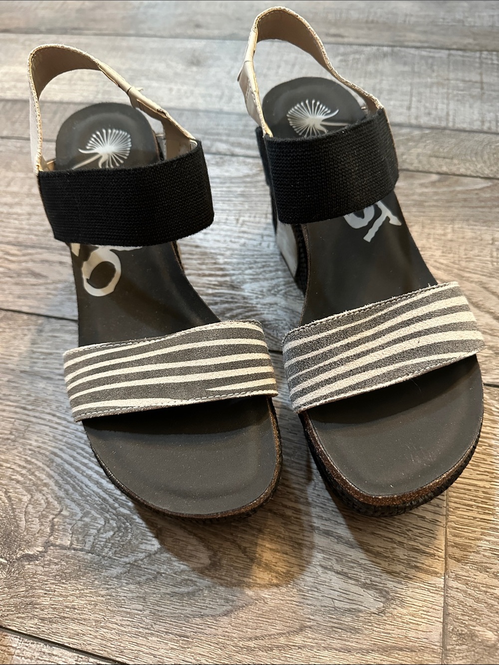 OTBT Black and White Striped Slingback Wedge Sandals